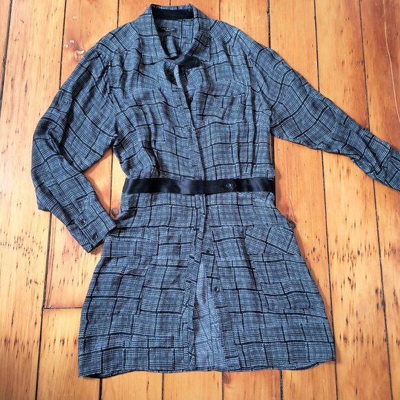 RAG & BONE 100% Silk Shirtdress Fit-and-Flare Gray Black Plaid Dress - Size 6 - Picture 1 of 11